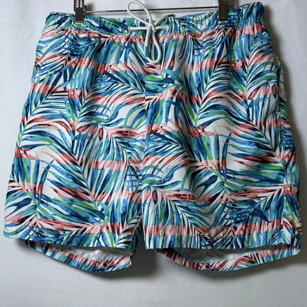 Tommy Bahama Swim Trunks Men Large Blue Tropical Palm Leaf Print Shorts